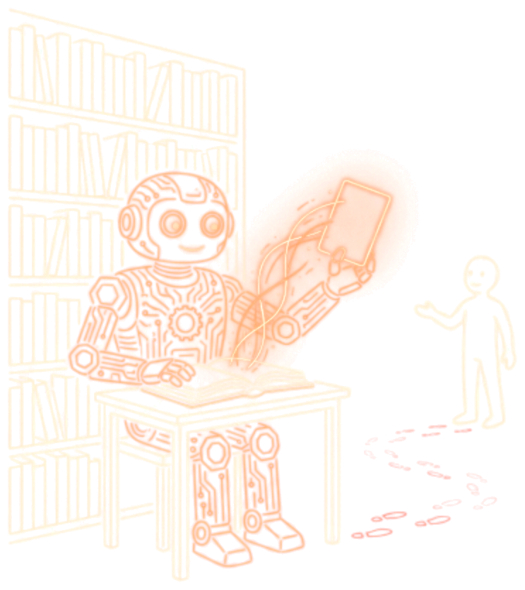 Line-art robot librarian handing over an answer card